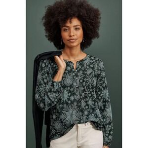 J.Jill Printed Peasant Emerald Mosaic Snowfall Green Henley Blouse Long Sleeve S